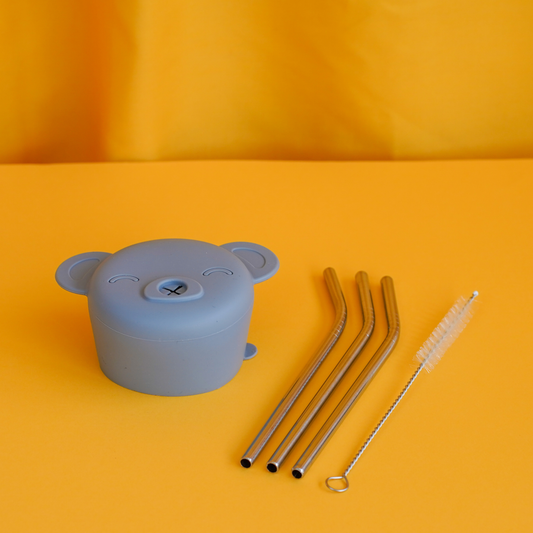 Silicone Bear Head and 3pc Stainless Steel Straw Set