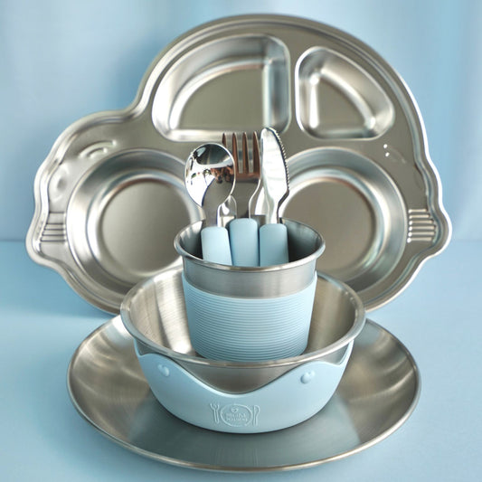 Kids Stainless Steel Mealtime Essentials Set PASTELS + 1 Section Plate (Save 10%)