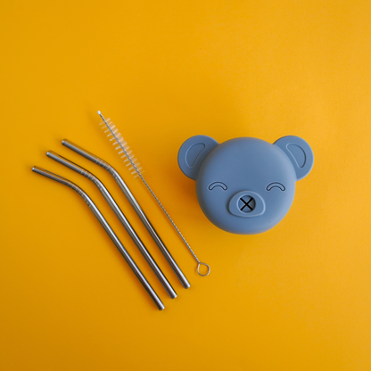Silicone Bear Head and 3pc Stainless Steel Straw Set