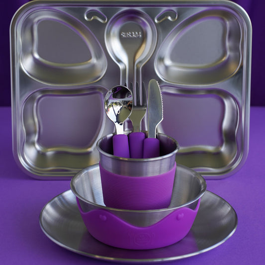 Kids Stainless Steel Mealtime Essentials Set BRIGHTS + 1 Section Plate (Save 10%)