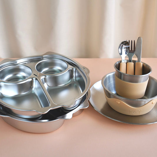 Kids Stainless Steel Mealtime Essentials Set PASTELS + 2 Section Plates (Save 15%)