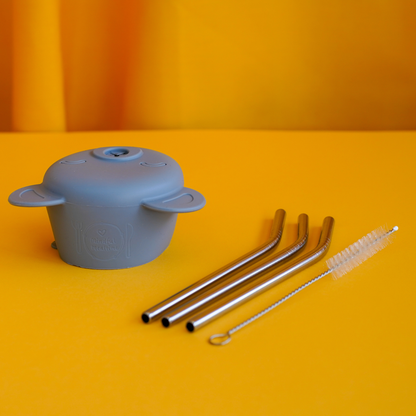 Silicone Bear Head and 3pc Stainless Steel Straw Set
