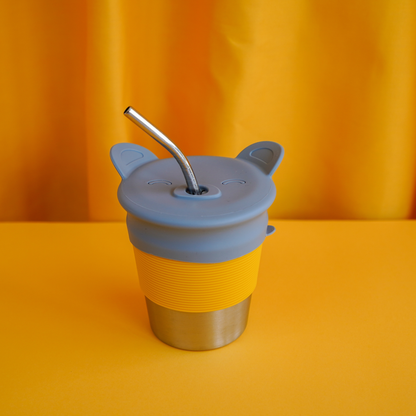Silicone Bear Head and 3pc Stainless Steel Straw Set
