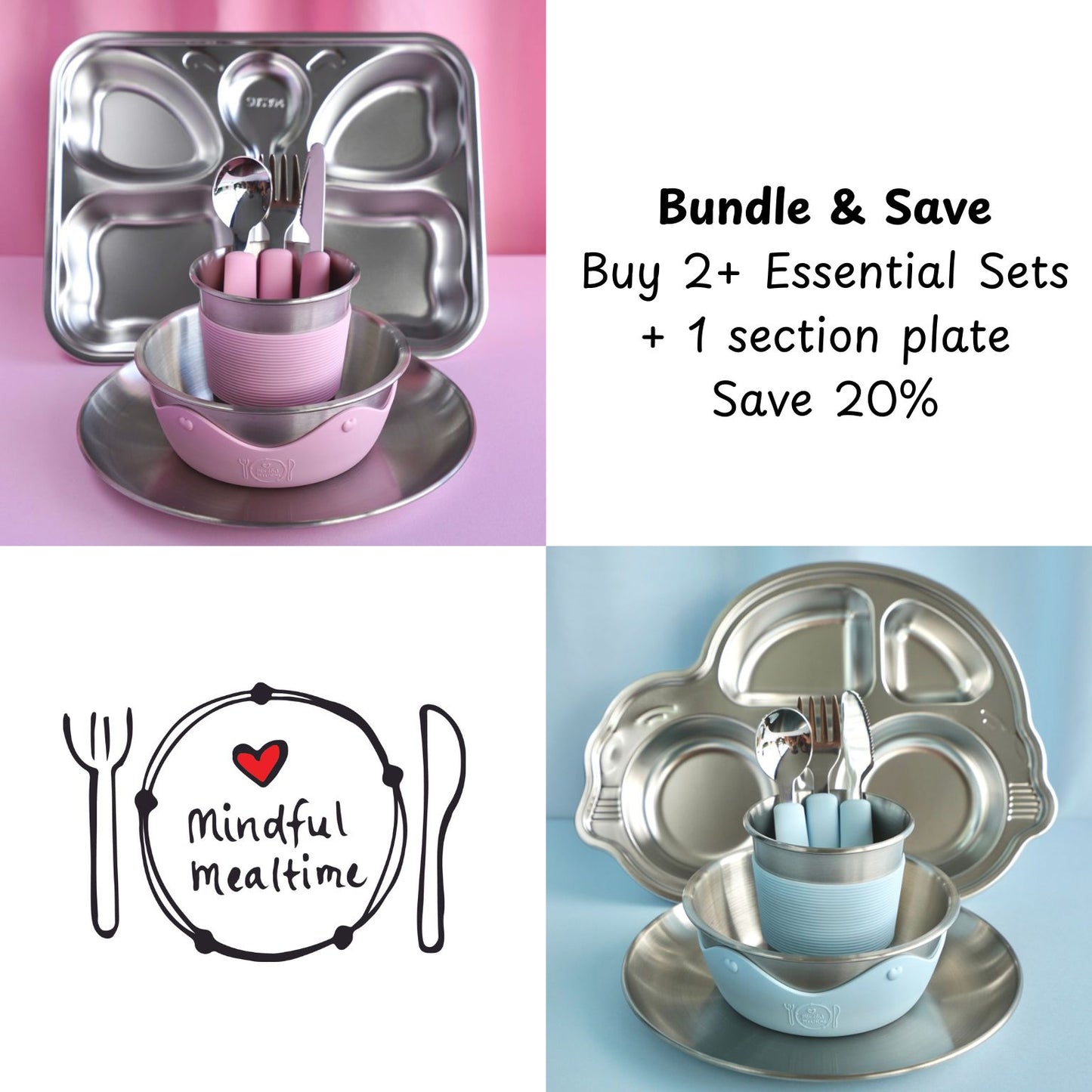 Kids Stainless Steel Mealtime Essentials Set PASTELS + 1 Section Plate (Save 10%)