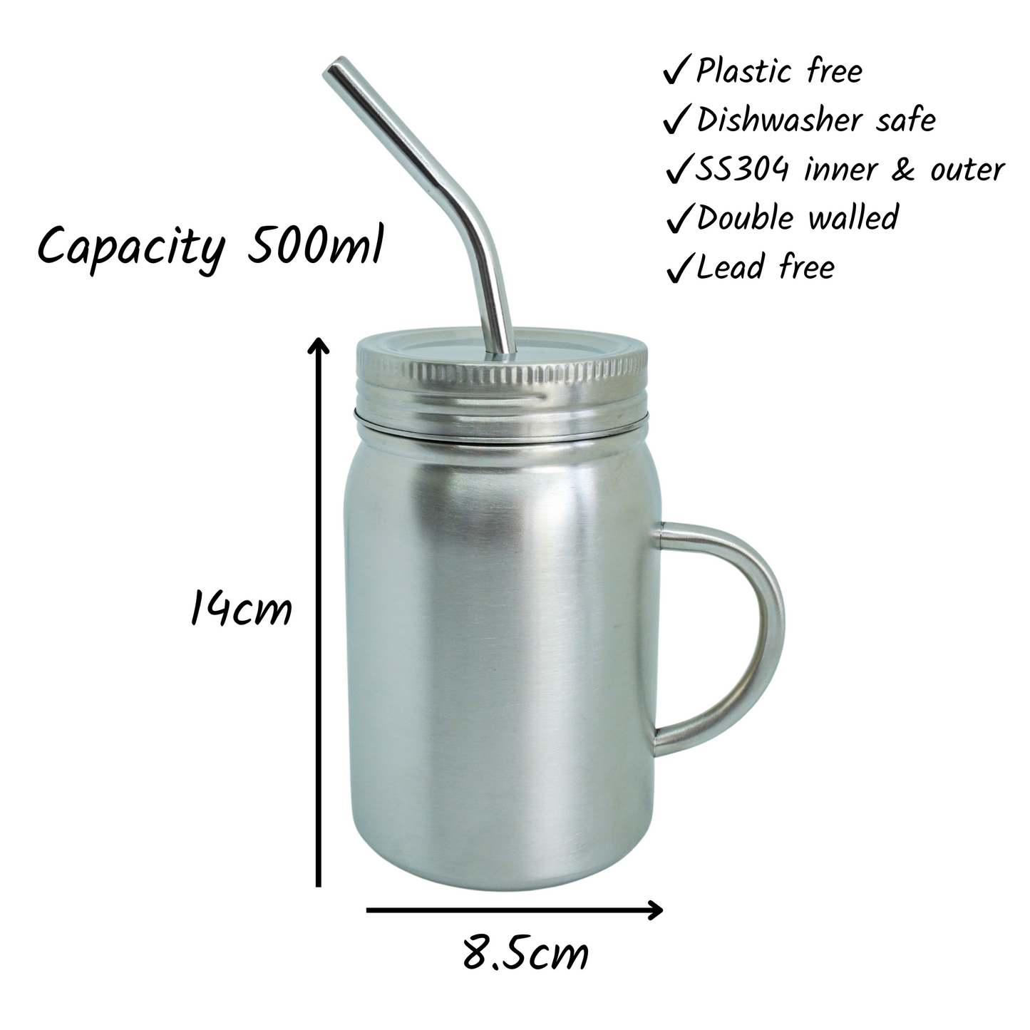 Stainless Steel Double Walled Smoothie Cup WITH HANDLE 500ml