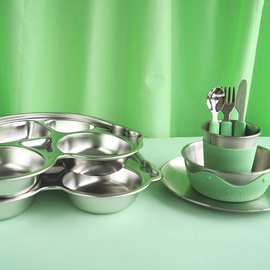 Kids Stainless Steel Mealtime Essentials Set PASTELS + 2 Section Plates (Save 15%)